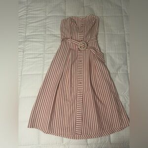 Zara Red and White Strapless Belted Midi Dress